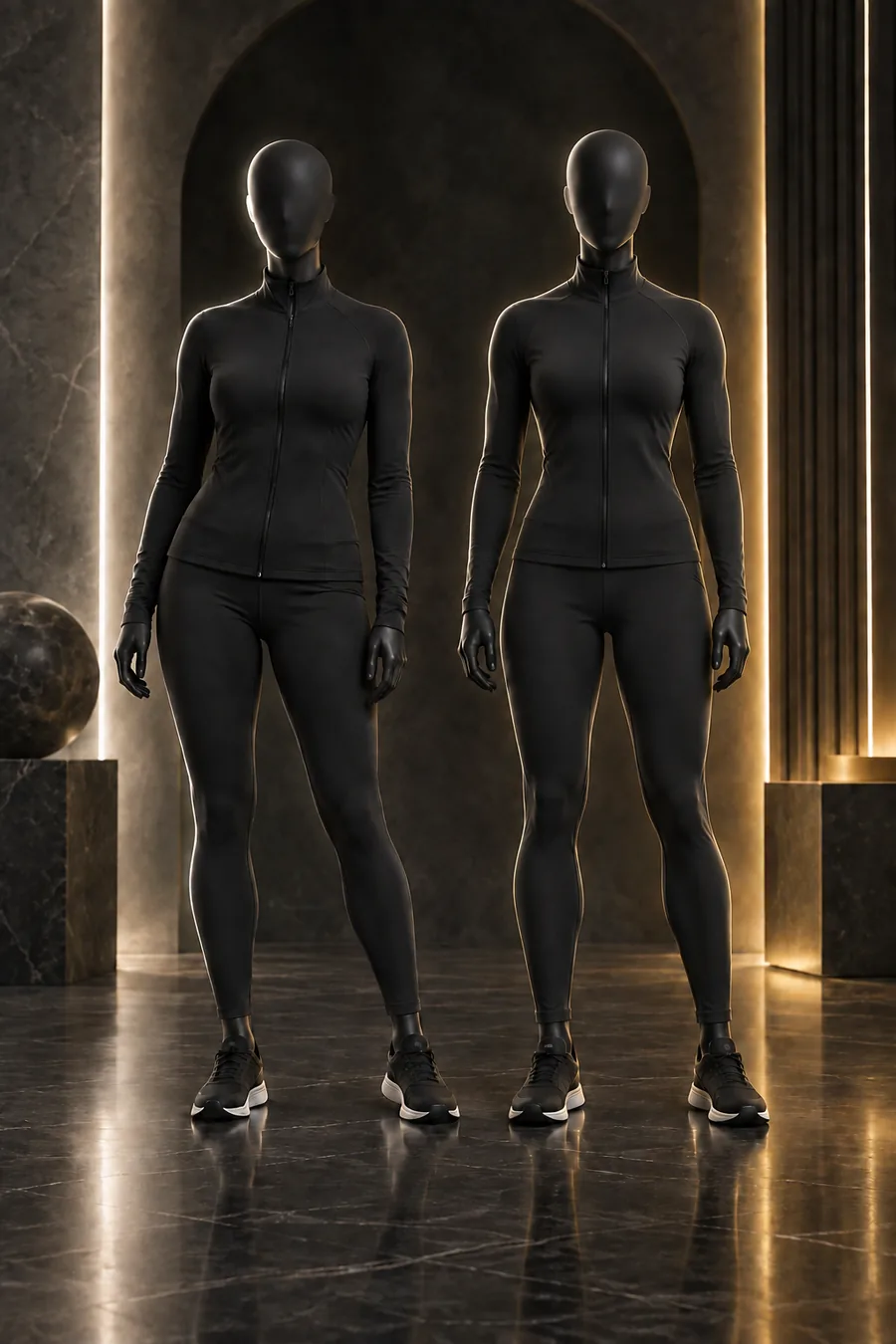 Dos figuras conceptuales vestidas de negro en un entorno elegante: una de postura relajada y otra erguida, con contorno más definido